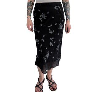 DKNY Silk Midi Skirt Black with Gray Floral | 4